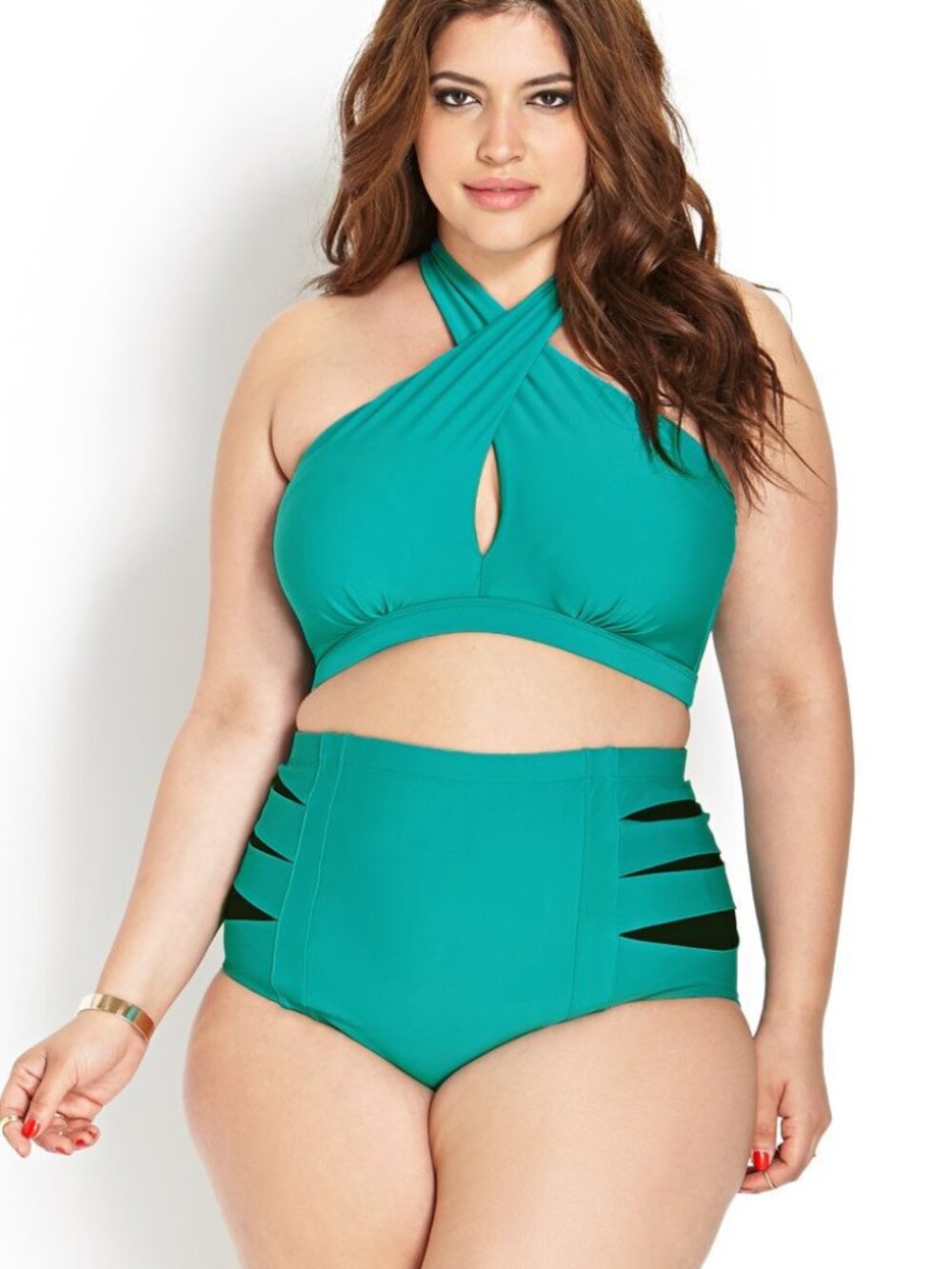 Forever 21+ Plus Teal Green Bold high-waisted Cutout Bikini Set Swimsuit 1X